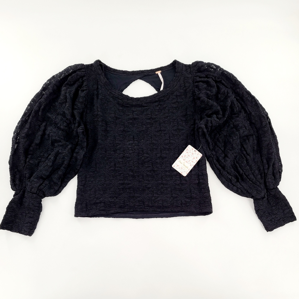 FREE PEOPLE Tea Time Balloon Sleeve Lace Top Women Size L Black NWT
